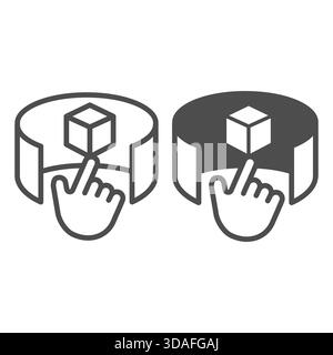 Cube and hand pointer with index finger line and solid icon, crypto metaverse concept. Vector graphics. Audience of creators, art sign on white backgr Stock Vector