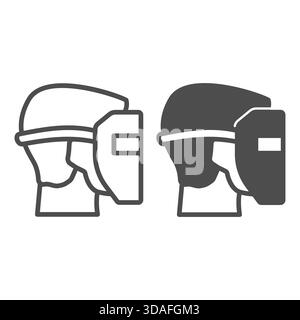 Man head with protective metal mask line and solid icon, safety workwear concept. Vector graphics. Boy face with mask for welding sign on white backgr Stock Vector