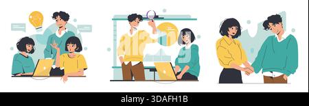 Vector illustration of three scenes depicting collaborative office activities. Includes brainstorming, presentations, and teamwork with diverse expressions and interactions among team members. Stock Vector