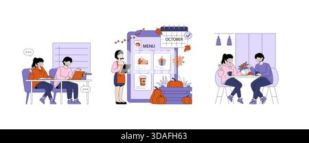 Vector illustration depicting a cozy autumn café scene with happy customers enjoying conversation, warm drinks, and pastries. The image captures the essence of a welcoming café environment. Stock Vector