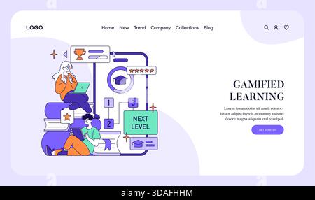 Vector illustration showcasing a gamified learning concept with two people using devices. Visual elements include progress charts, stars, and educational symbols, emphasizing engaging digital education. Stock Vector
