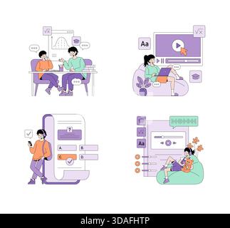 Set of vector illustrations depicting online learning scenarios, including a group discussion, solo study, quiz taking, and relaxation amidst study. Emphasizes digital education with students engaged in various virtual activities. Stock Vector