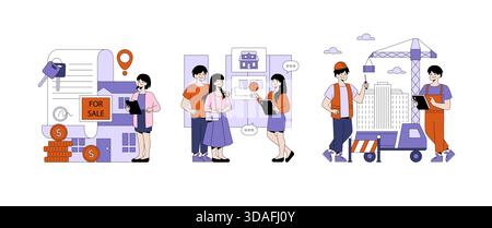 Vector illustration depicting stages of real estate: property sale with a key, couple viewing a home, and construction with professionals, highlighting diverse aspects of the industry. Stock Vector