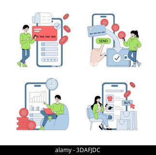 Vector illustration depicting mobile transactions and online shopping. Images show people using digital devices for financial management, completing purchases, and monitoring cryptocurrency trends. Stock Vector