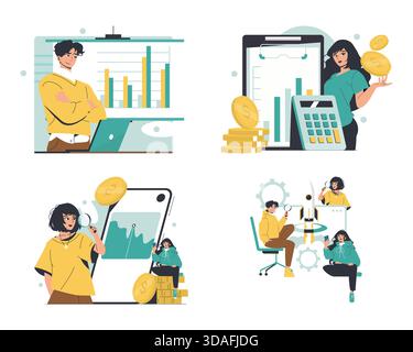 Vector illustration set showcasing business analytics, financial strategy, teamwork on growth projects, and success visualization. Diverse characters analyze data and plan finance strategies. Stock Vector