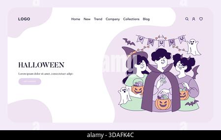 Vector illustration of three friends in Halloween costumes holding pumpkin baskets. Background features festive Halloween decorations, ghosts, and bats in a playful design. Stock Vector
