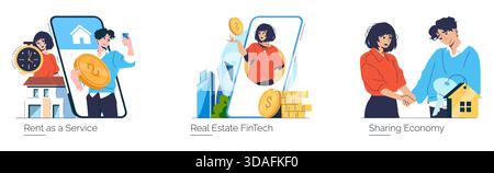 Vector illustration depicting sharing economy concepts. Scenes include people engaged in rent as a service, showcasing financial technology and collaboration. Innovative digital assets are highlighted. Stock Vector