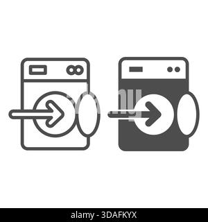 Washing machine with opened lid and arrow line and solid icon, washing concept. Vector graphics. Machine for washing, loading sign on white background Stock Vector