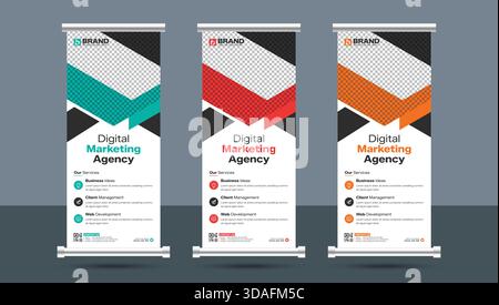 Abstract corporate business roll up standee or x banner design layout template. Creative modern vertical rollup, pull up, flag-banner, exhibition Stock Vector