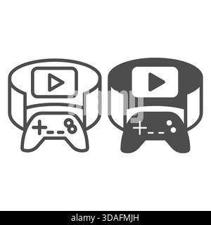 Joystick and video clip line and solid icon, gaming metaverse concept. Vector graphics. For audience of gamers, game trailer sign on white background, Stock Vector