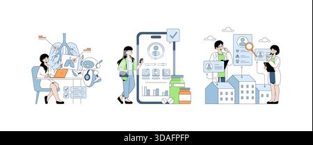 Healthcare professionals using digital devices and applications for medical data analysis and management. Vector illustration showcasing technology integration in healthcare settings. Stock Vector