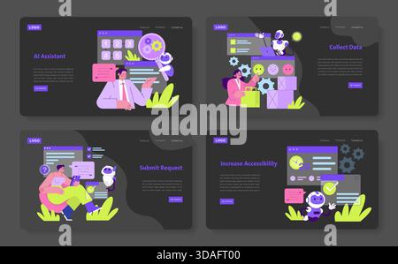 Vector illustration showcasing AI assistant, data collection, request submission, and accessibility increase. Characters interact with digital interfaces, highlighting technology integration. Stock Vector