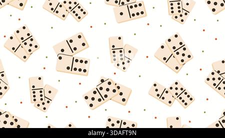 Seamless pattern with fun domino game pieces and tiny dot accents in random order. Bright flat cartoon style creates playful design ideal for kids pro Stock Vector