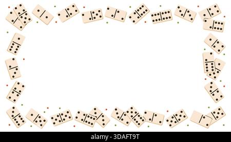 Rectangle frame decorated with fun domino game pieces and tiny dot accents. Bright flat cartoon style adds playful game vibe, perfect for creative des Stock Vector