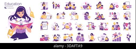 Education-themed vector illustration shows diverse students engaged in various learning activities. Scenes include reading, problem-solving, teaching, and exams, illustrating educational concepts. Stock Vector