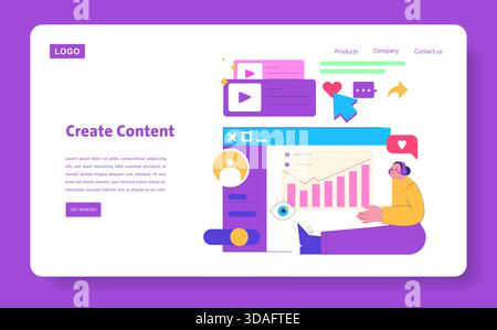 Vector illustration showcasing a person engaging in content creation alongside digital analytics elements like graphs and social icons. Colorful design emphasizes modern digital interaction. Stock Vector