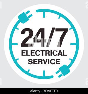 24/7 Electrical Service circle icon. The round symbol / badge has a clock shape with 2 electrical plugs. Concept for around the clock electrician serv Stock Vector