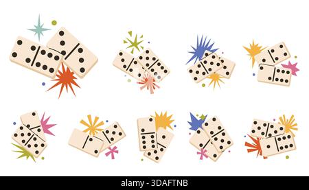 Set of fun domino game pieces with bold star compositions in bright cartoon flat style. Playful shapes create a cheerful game mood perfect for creativ Stock Vector