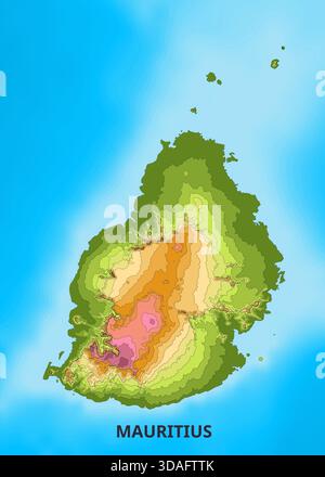 A topographic map of Mauritius is displayed against a bright blue background. The island is rendered with contour lines indicating elevation Stock Vector