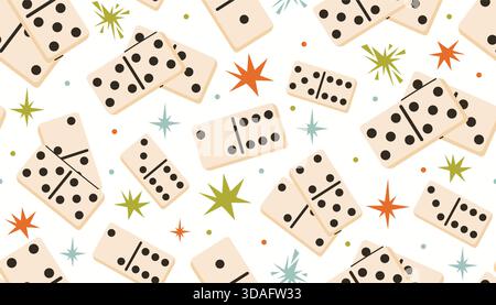 Seamless pattern with fun domino game pieces, funky stars and tiny dot accents in random order. Bright flat cartoon style adds playful vibe ideal for Stock Vector