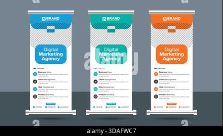 Creative corporate business roll up standee or x banner design layout template. Professional design for vertical rollup, pull up, flag-banner Stock Vector