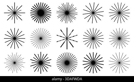 Set of radial circle lines forming geometric shapes. Circular radiating lines create sun and star rays symbols. Perfect for abstract design, backgroun Stock Vector