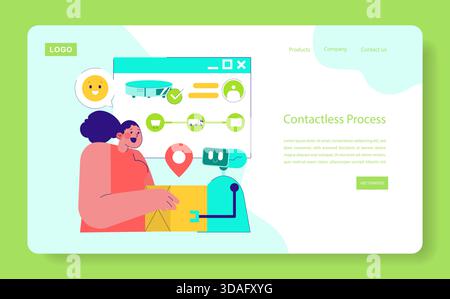 Vector illustration depicting a person smiling with a robotic arm handling a package. The image represents a seamless contactless delivery process and user interaction on a digital interface. Stock Vector