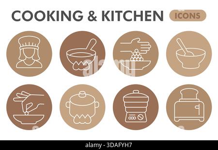 Cooking symbols collection or sketches, kitchen theme bubble with thin line style signs for web and app. Vector graphics isolated on white background Stock Vector
