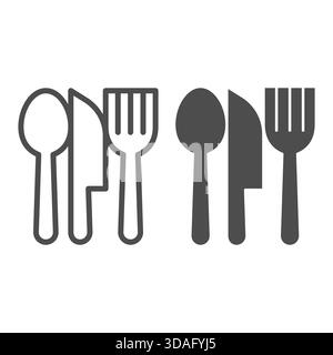 Spoon, spatula and fork line and solid icon, cooking concept. Vector graphics. Kitchen set sign on white background, outline style icon for mobile or Stock Vector