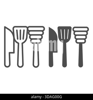 Knife, spatula and mixer line and solid icon, cooking concept. Vector graphics. Kitchen set sign on white background, outline style icon for mobile or Stock Vector