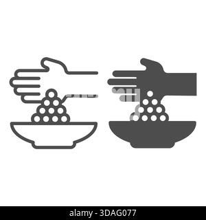 Hand with peas and plate line and solid icon, cooking concept. Vector graphics. Spices sign on white background, outline style icon for mobile or web Stock Vector