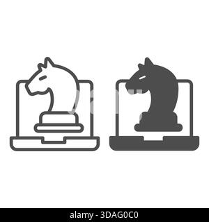Laptop with knight chess line and solid icon, chess game concept. Vector graphics. Online gaming sign on white background, outline style icon for mobi Stock Vector