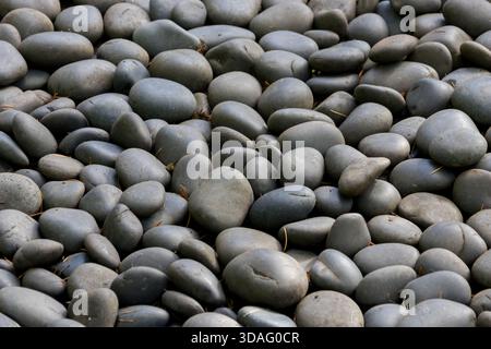 Close up of black round curved river rocks pebbles stone for nature pattern texture background. Stock Photo