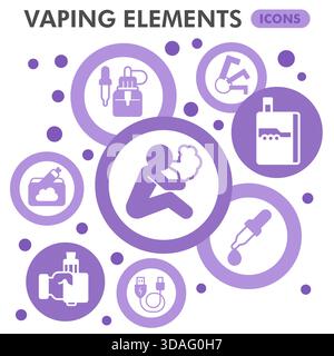 Vaping symbols collection or sketches, vaping elements theme bubble with glyph style signs for web and app. Vector graphics isolated on white backgrou Stock Vector