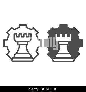 Mechanical gear with chess tower line and solid icon, chess game concept. Vector graphics. Tower and cogwheel sign on white background, outline style Stock Vector