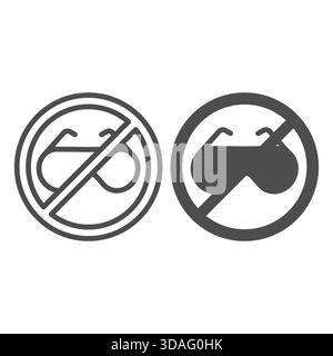 Sunglasses ban line and solid icon, summer wear concept. Vector graphics. Forbidden, prohibited item sign on white background, outline style icon for Stock Vector
