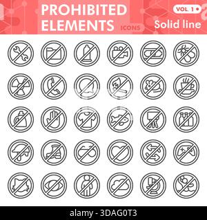 Prohibited items symbols collection or sketches, prohibition theme with thin line style signs for web and app. Vector graphics isolated on white backg Stock Vector