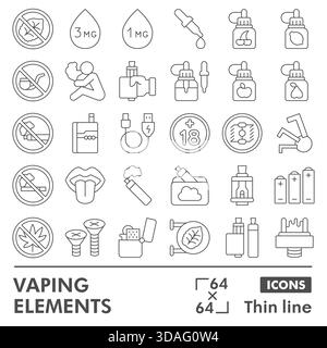 Vaping symbols collection or sketches, vaping elements theme with thin line style signs for web and app. Vector graphics isolated on white background Stock Vector