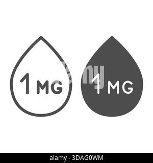 Drop of liquid line and solid icon, vaping concept. Vector graphics. One milligram of nicotine sign on white background, outline style icon for mobile Stock Vector