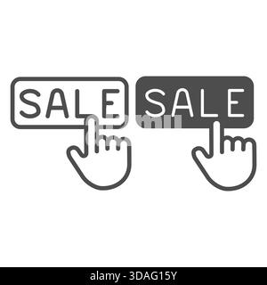 Banner with sale text and hand pointer line and solid icon, shopping concept. Vector graphics. Sale button, store link sign on white background, outli Stock Vector