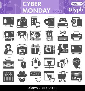 Cyber monday symbols collection or sketches, shopping theme with glyph style signs for web and app. Vector graphics isolated on white background Stock Vector
