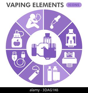 Vaping symbols collection or sketches, vaping elements theme bubble with glyph style signs for web and app. Vector graphics isolated on white backgrou Stock Vector