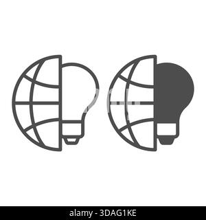 Planet with light bulb line and solid icon, electricity concept. Vector graphics. Globe and lamp sign on white background, outline style icon for mobi Stock Vector