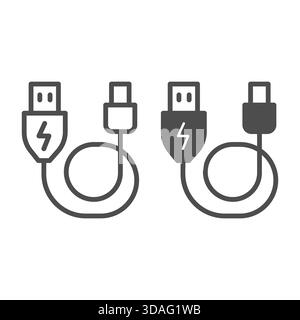 USB regular cord with adapter to mini line and solid icon, tech concept. Vector graphics. Regular wire sign on white background, outline style icon fo Stock Vector