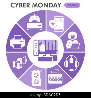 Cyber monday symbols collection or sketches, shopping theme bubble with glyph style signs for web and app. Vector graphics isolated on white backgroun Stock Vector