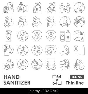 Hand sanitizer symbols collection or sketches, hygiene theme with thin line style signs for web and app. Vector graphics isolated on white background Stock Vector