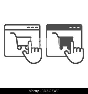 Website with shopping cart and hand pointer line and solid icon, black friday concept. Vector graphics. Internet store, web sign on white background, Stock Vector