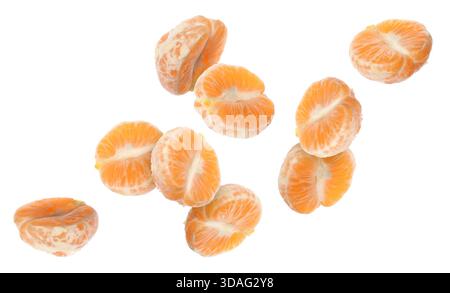 Fresh tangerines flying in air on white background Stock Photo