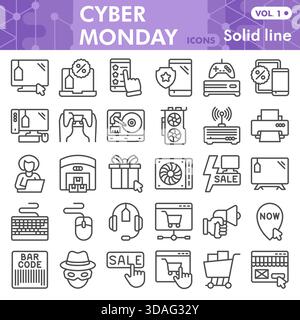Cyber monday symbols collection or sketches, shopping theme with line style signs for web and app. Vector graphics isolated on white background Stock Vector