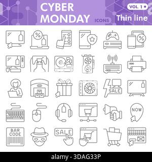 Cyber monday symbols collection or sketches, shopping theme with thin line style signs for web and app. Vector graphics isolated on white background Stock Vector